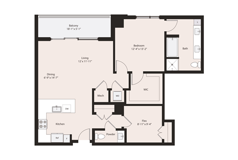 Deco A4-2 floor plan 1 bedroom plus den 1.5 bathrooms 1089 square feet
